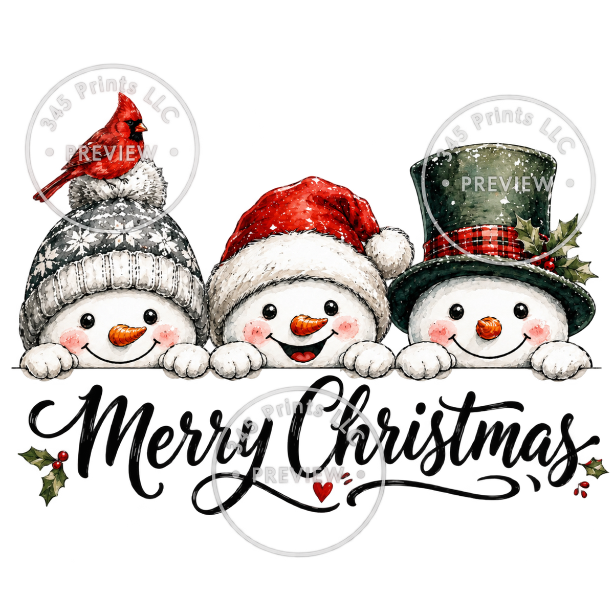 Merry Christmas Snowman Trio — watermarked preview