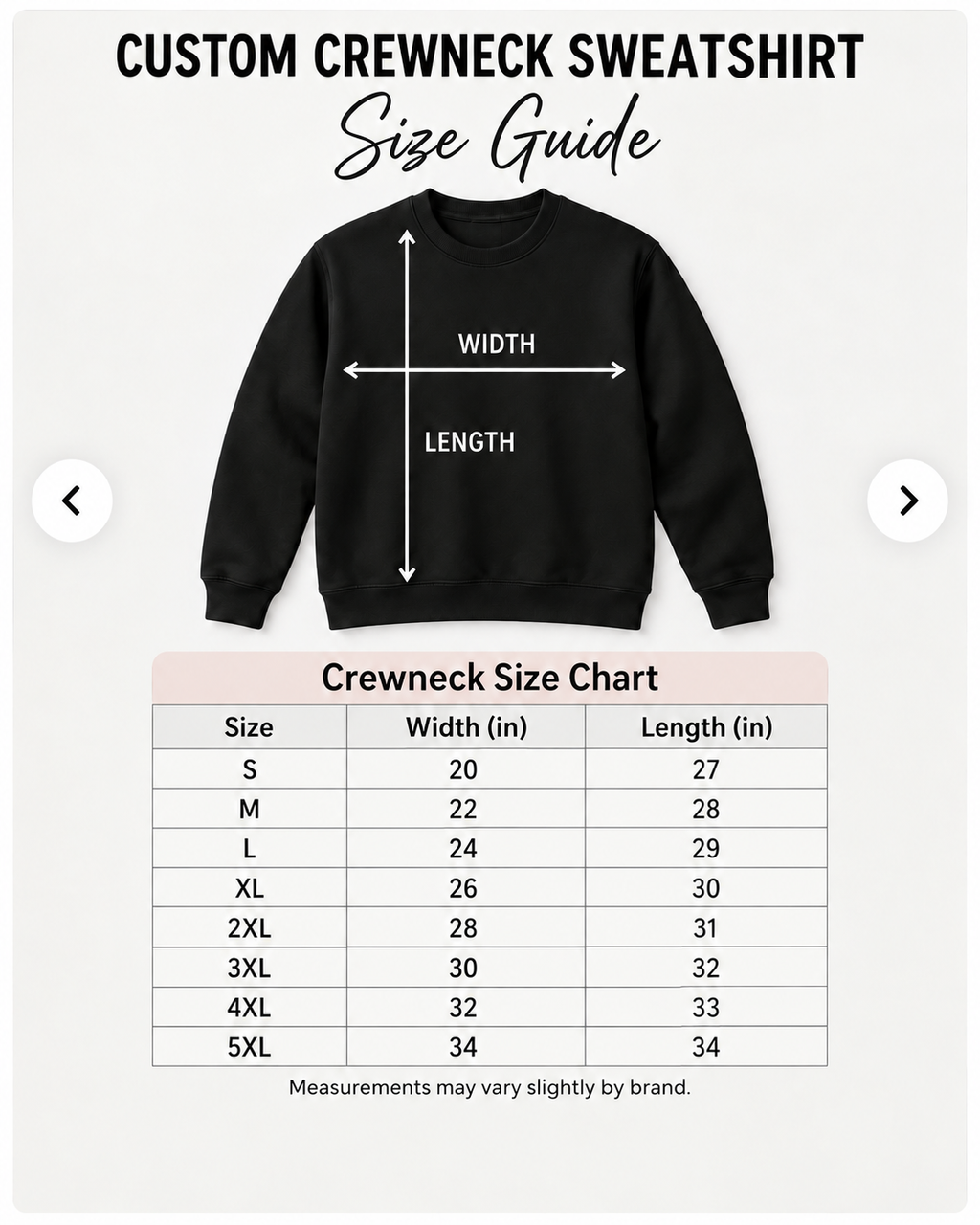 Custom Crewneck Sweatshirt size guide