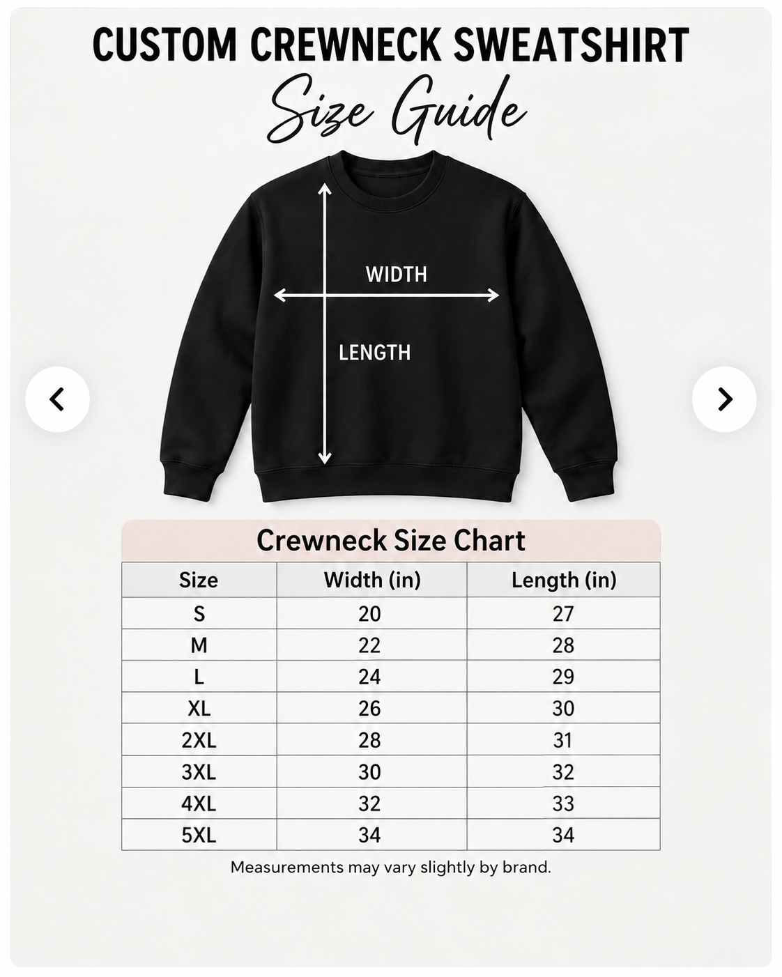 Custom Crewneck Sweatshirt size guide