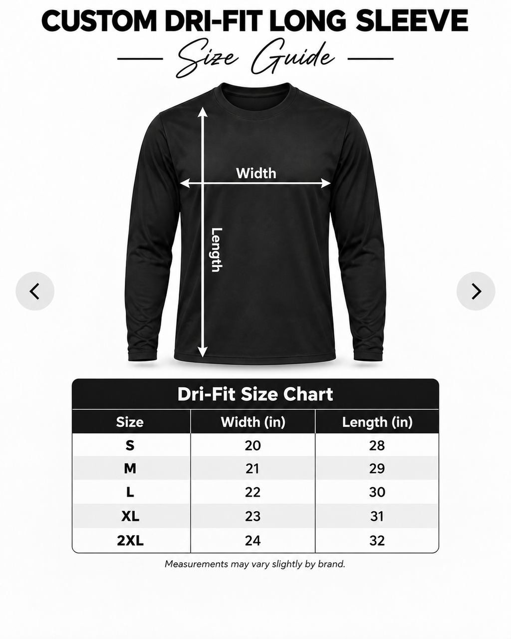 Custom Dri-Fit Long Sleeve size guide