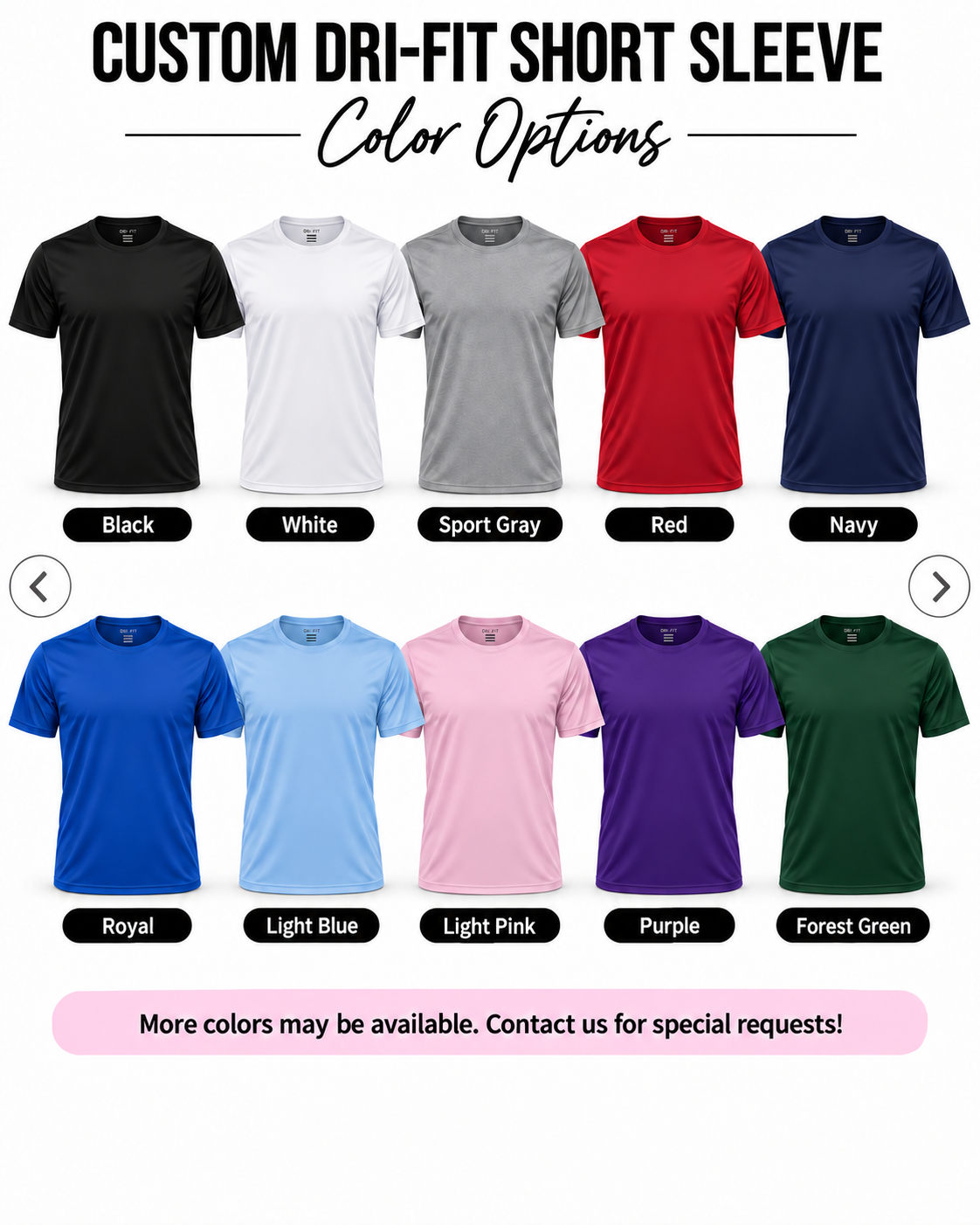Custom Dri-Fit Short Sleeve color options