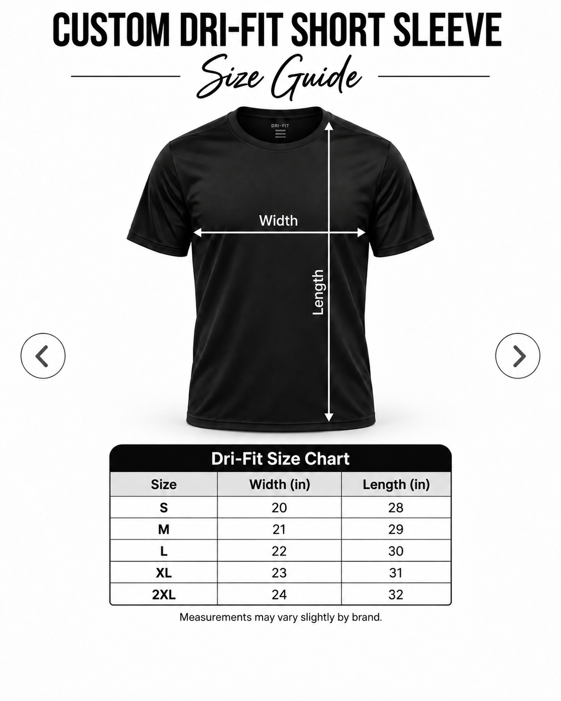 Custom Dri-Fit Short Sleeve size guide