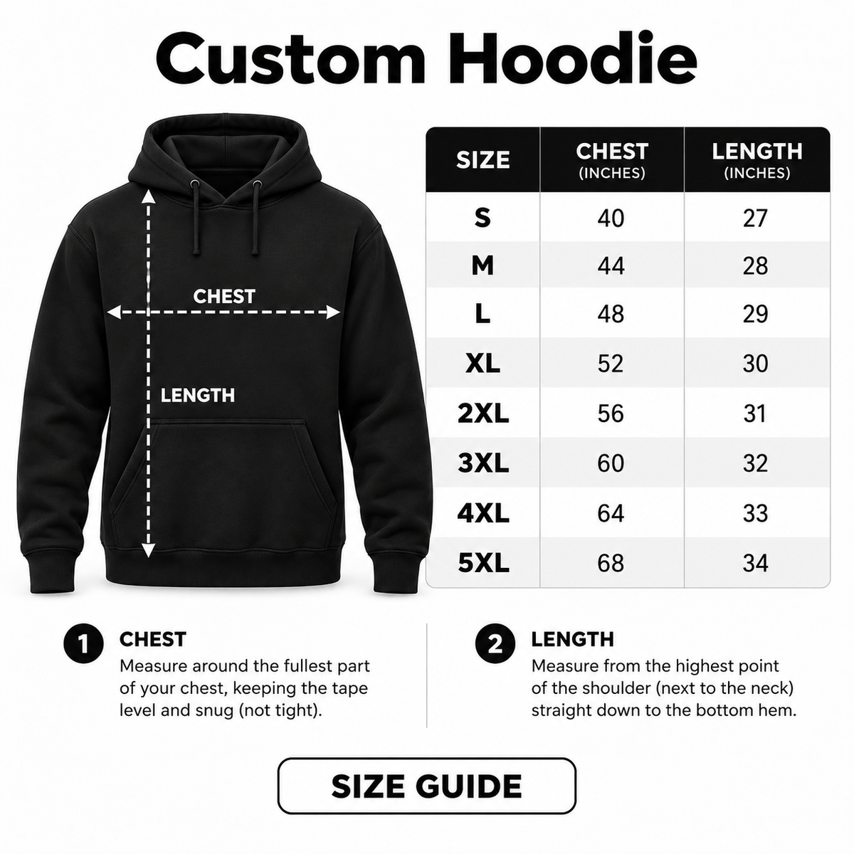 Custom Hoodie size guide