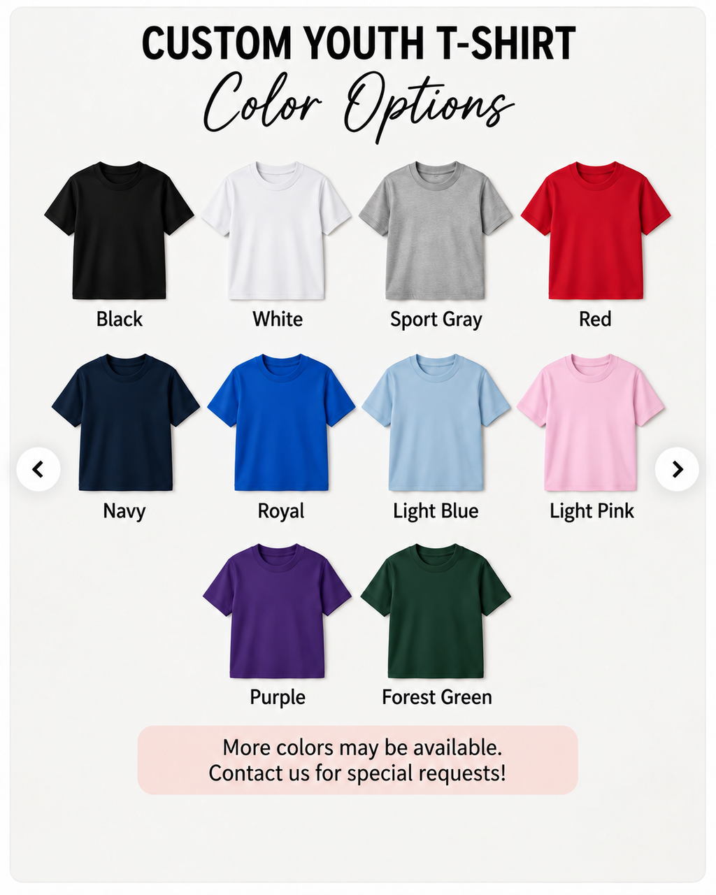 Custom Youth T-Shirt color options