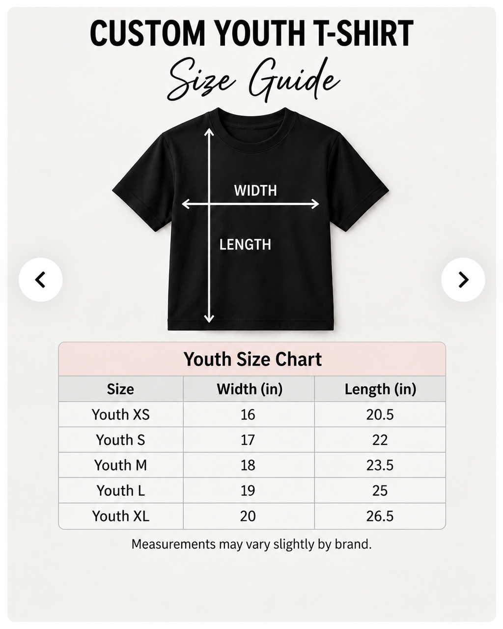 Custom Youth T-Shirt size guide