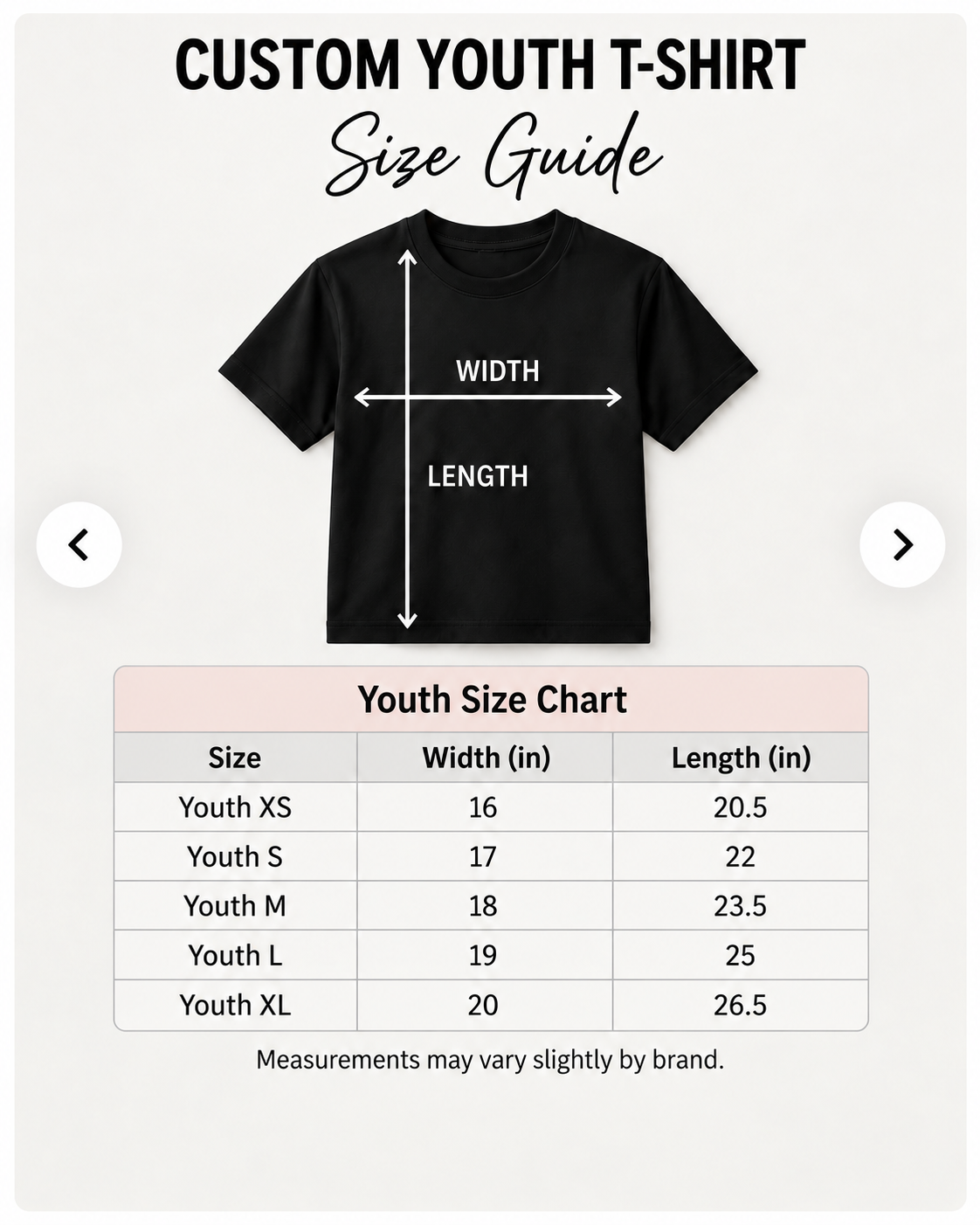 Custom Youth T-Shirt size guide