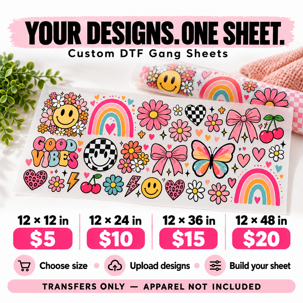 Custom DTF Gang Sheets — choose size, upload designs and build your sheet