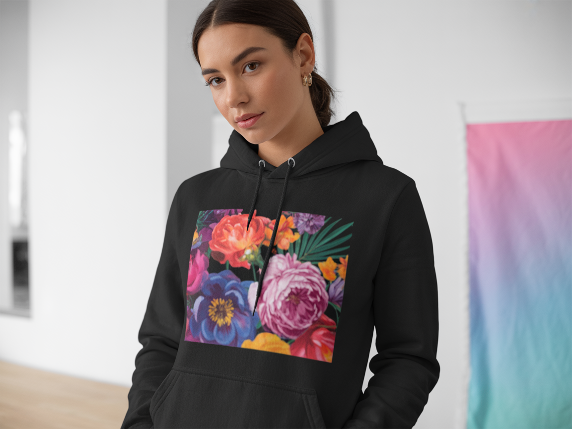 Black hoodie with vibrant floral DTF print