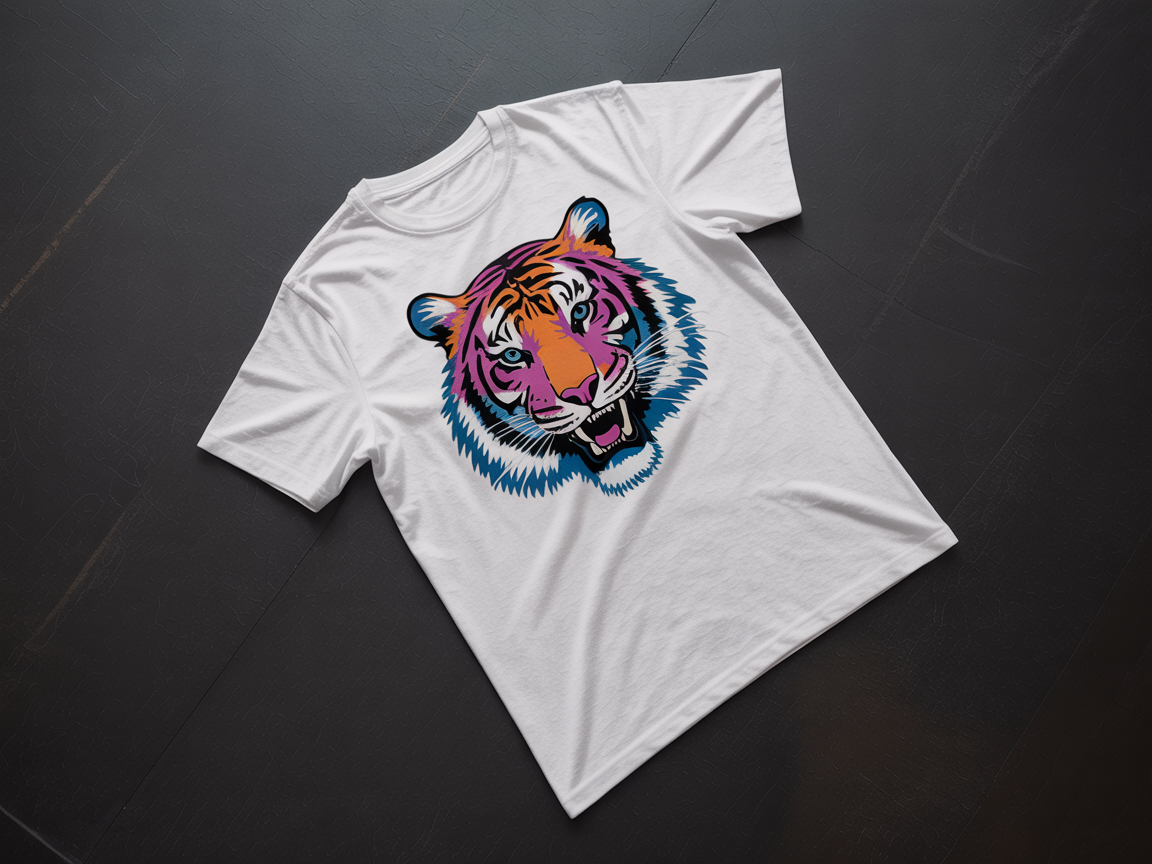 White t-shirt with colorful tiger graphic DTF print