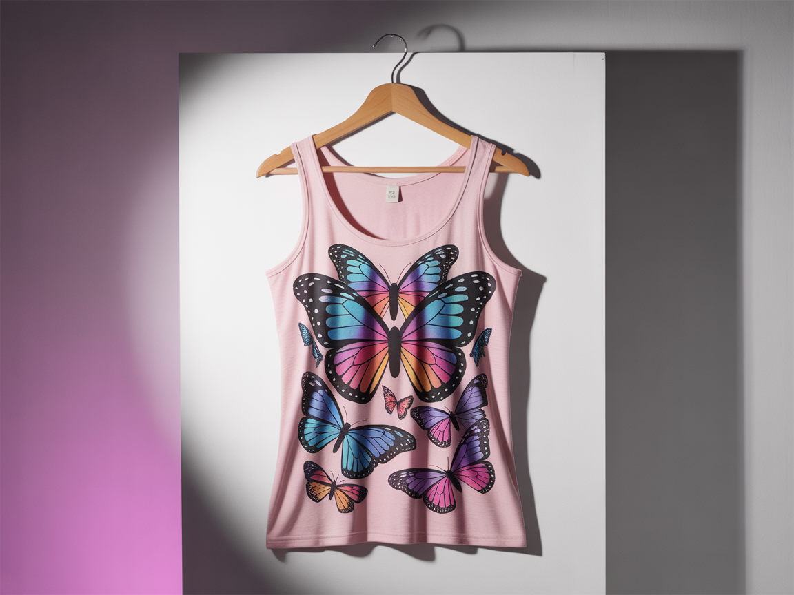 Pink women's tank top with butterfly DTF design