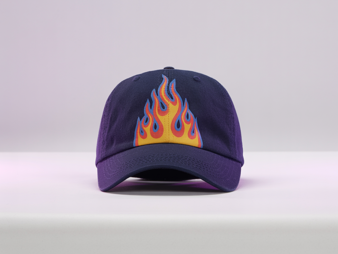 Navy blue baseball cap with flame logo DTF print