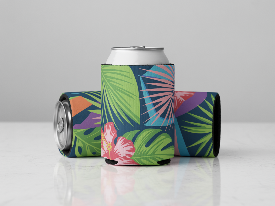 Custom can cooler with tropical design DTF print