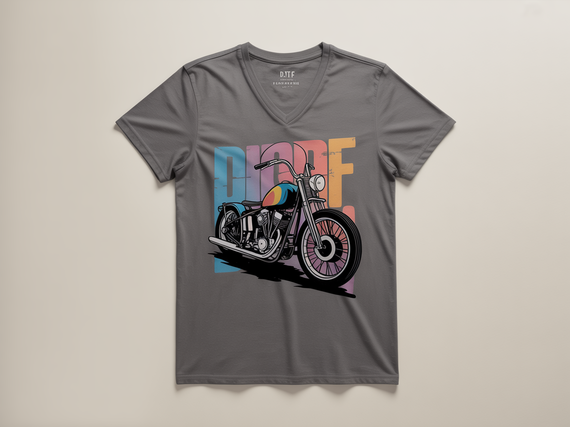 Gray v-neck with vintage motorcycle DTF print