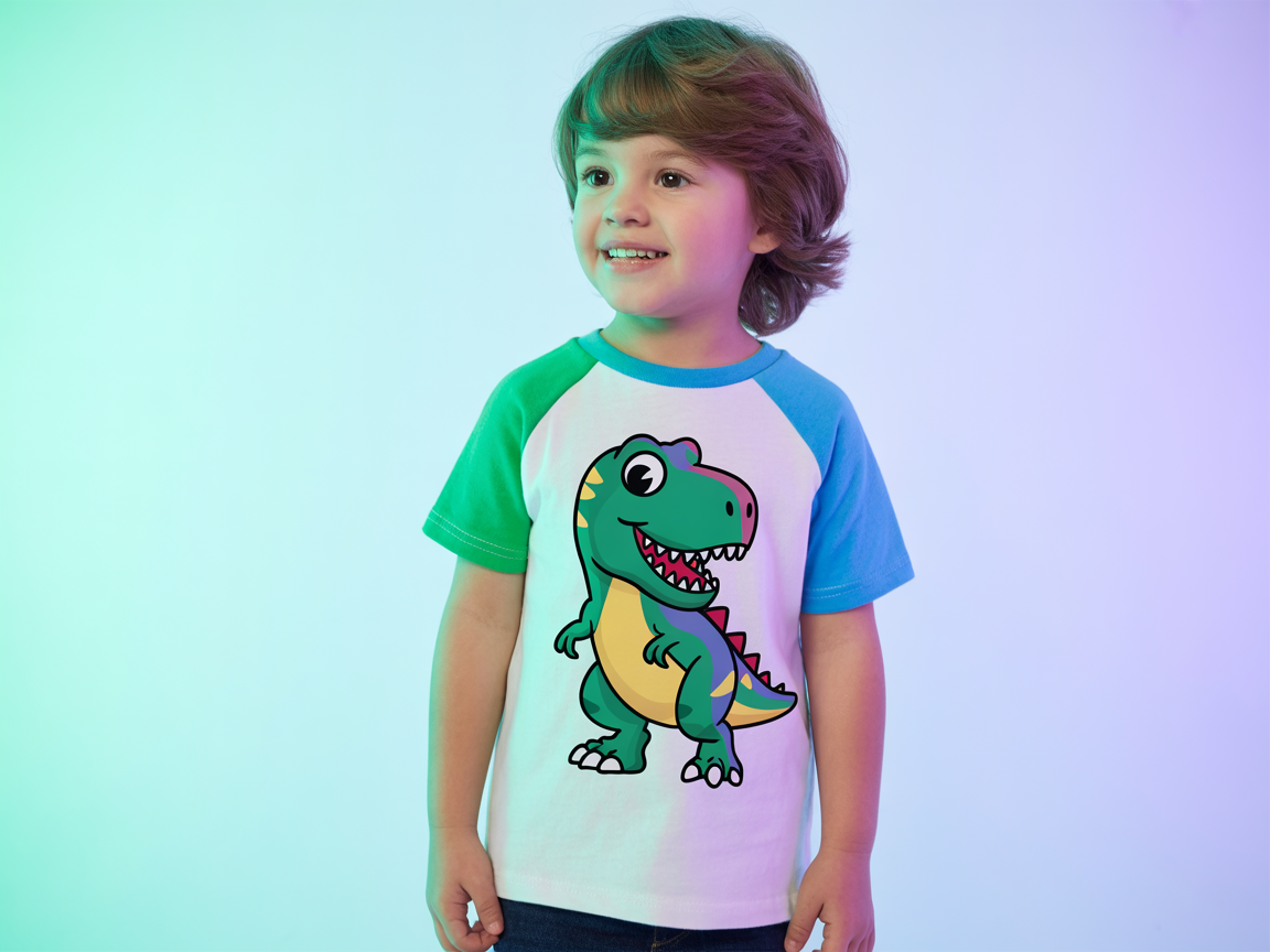 Kids raglan shirt with cartoon dinosaur DTF print