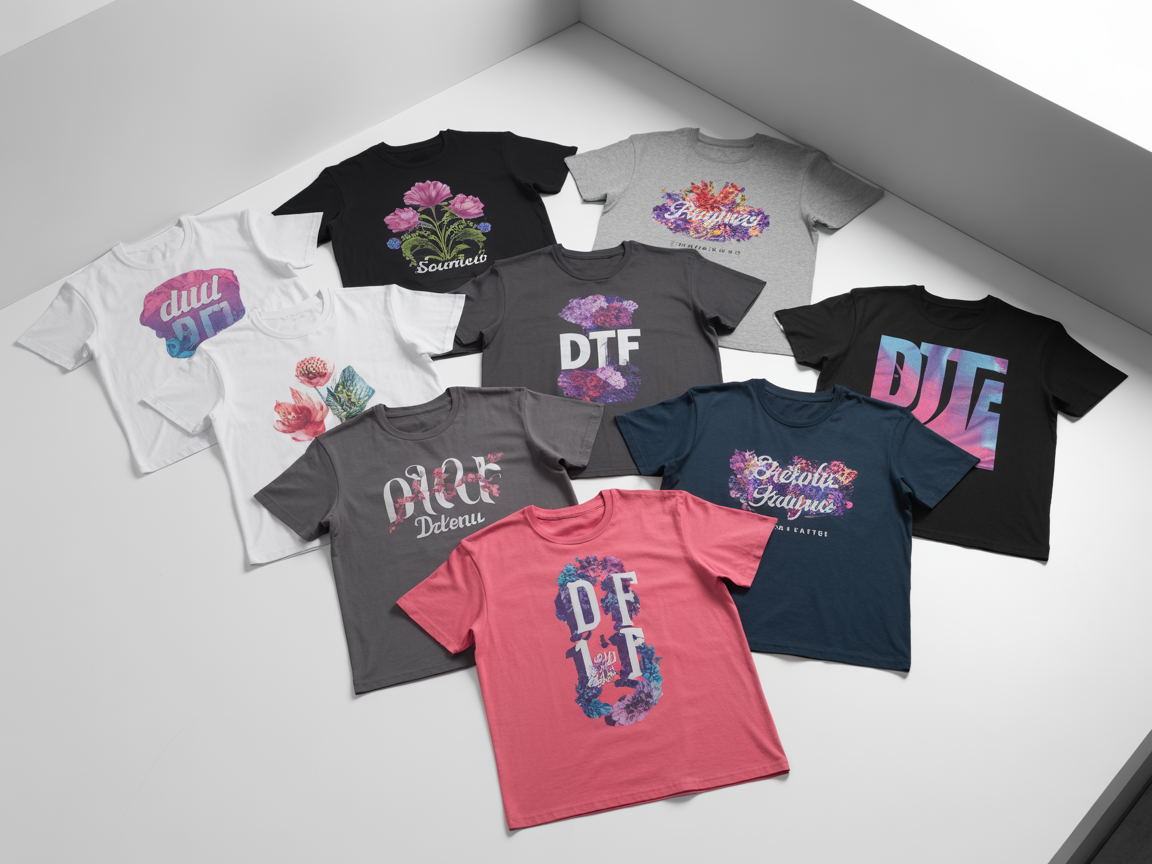 Collection of colorful custom DTF printed t-shirts