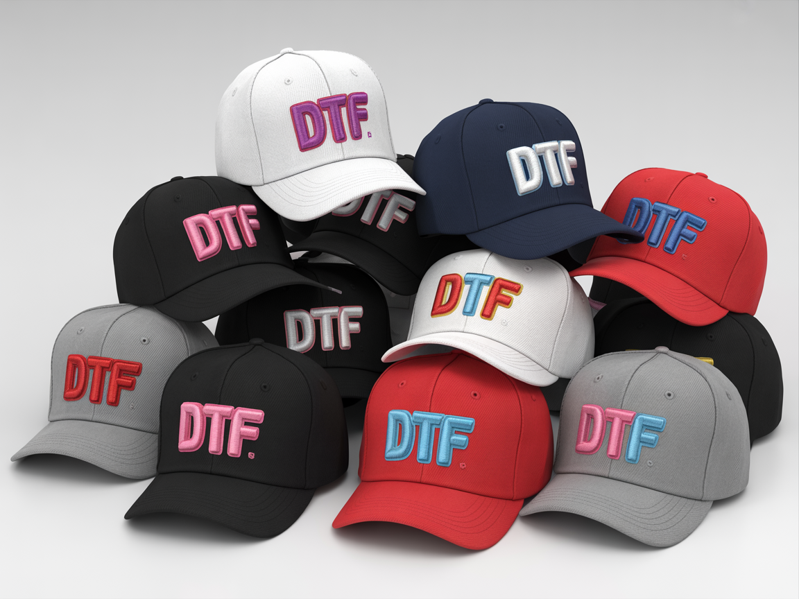 Collection of DTF printed hats in various colors