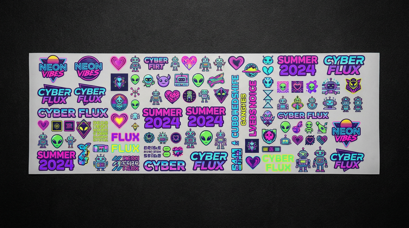 DTF gang sheet layout with multiple colorful designs