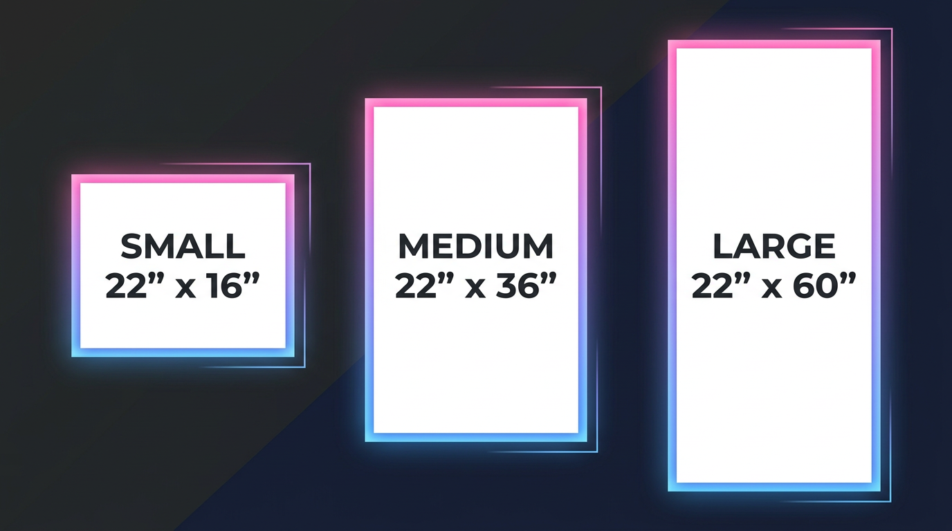 Gang sheet size comparison - Small 22x16, Medium 22x36, Large 22x60